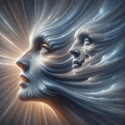 The primary subject of the image is a close-up of a person's face, with a focus on the eyes. The setting is a space-like environment, with a background featuring a cloudy sky. The visual style is a digital art or illustration, creating a surreal and artistic atmosphere. The colors are predominantly dark, with a hint of blue, and the mood is mysterious and intriguing.